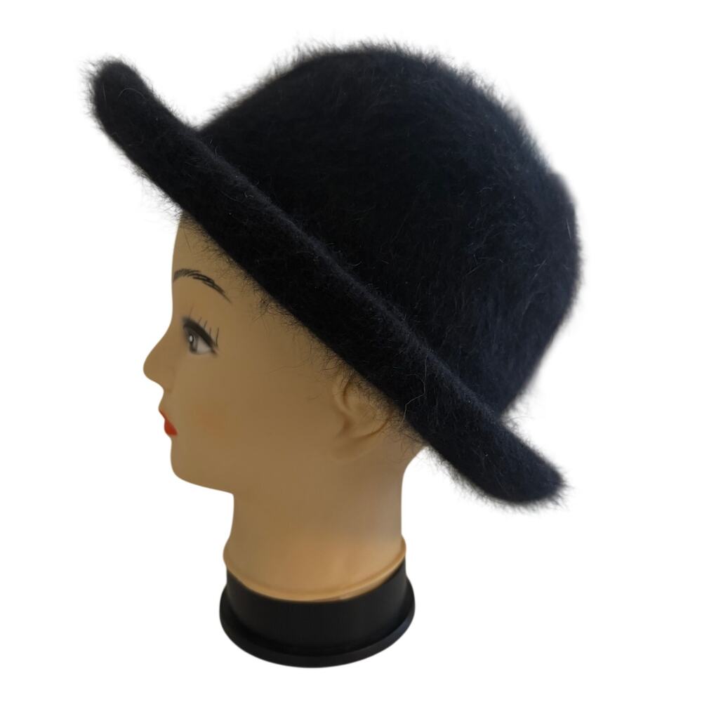 Fluffy Black Angora Wool Retro Knit Hat w/ Brim Coquette Minimalist Whimsygoth